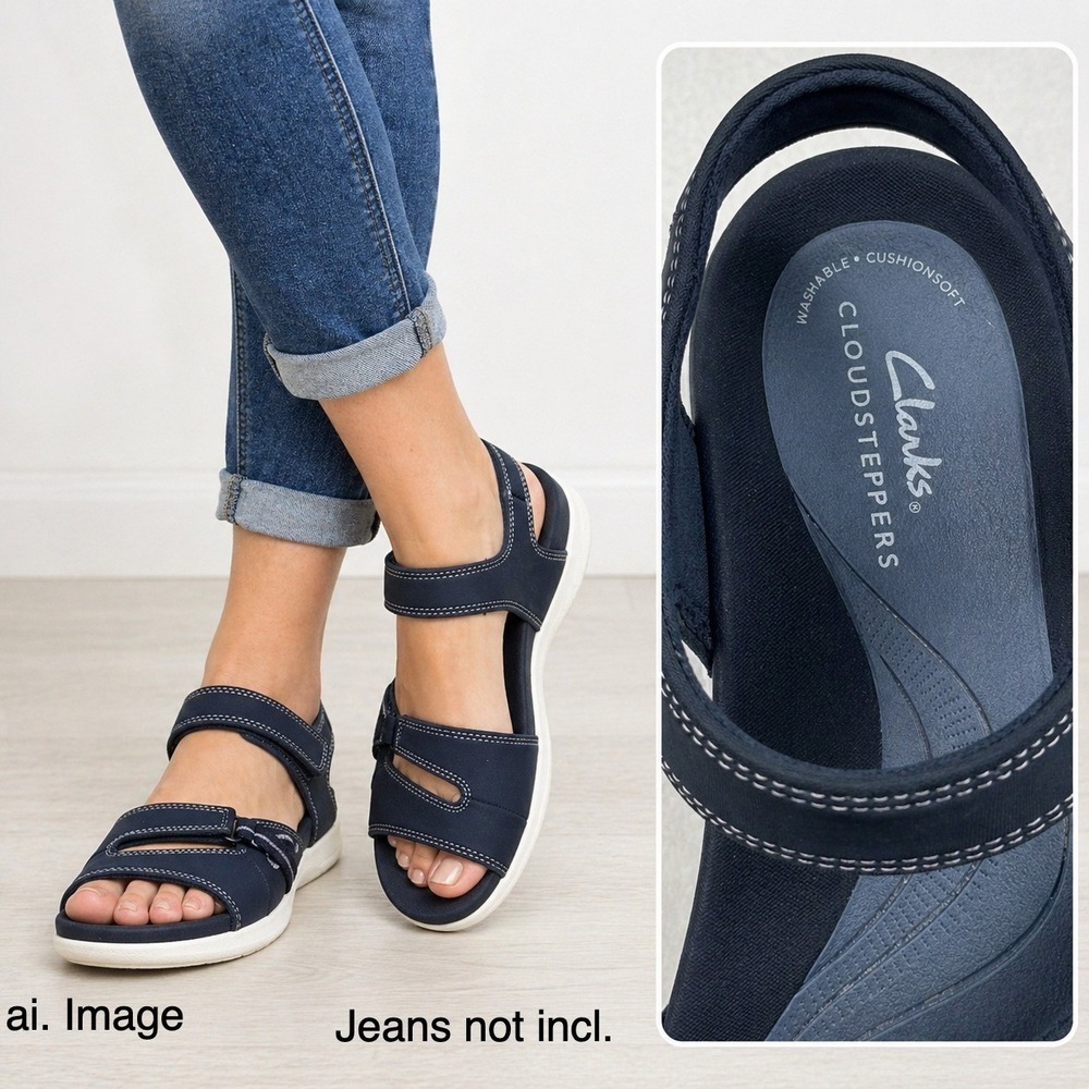 Clarks Cloudsteppers Women 8 Glide Hi Shore Sandals Navy Blue Nautical Resort